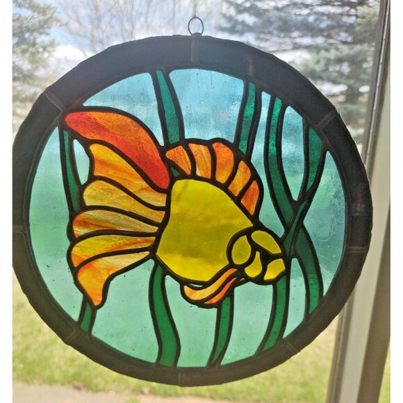 Vintage Hand Made Stained Glass Window Hanging 10" Diameter Angelfish - Picture 12 of 13
